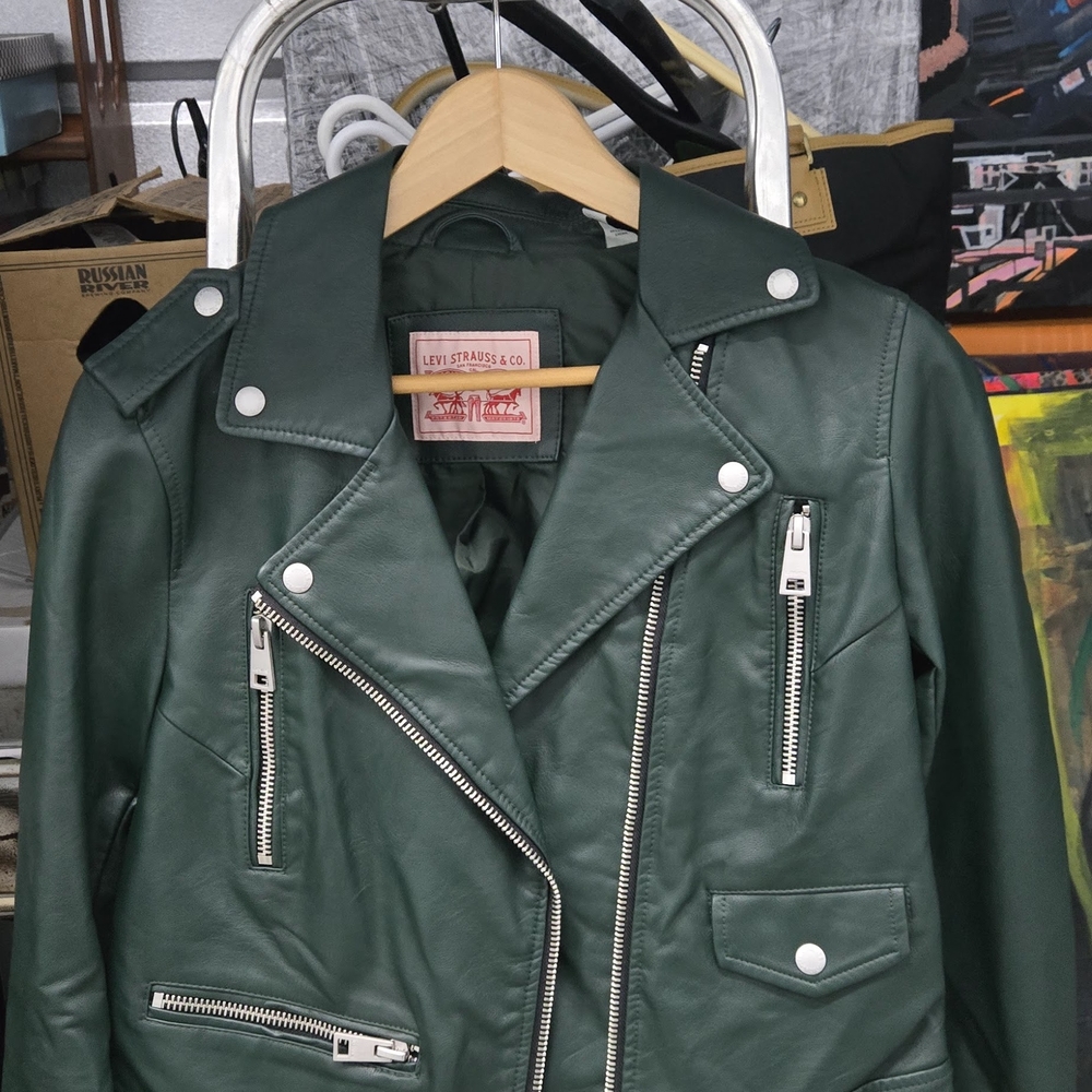 Levi's Green Leather Moto Jacket with Silver Accents